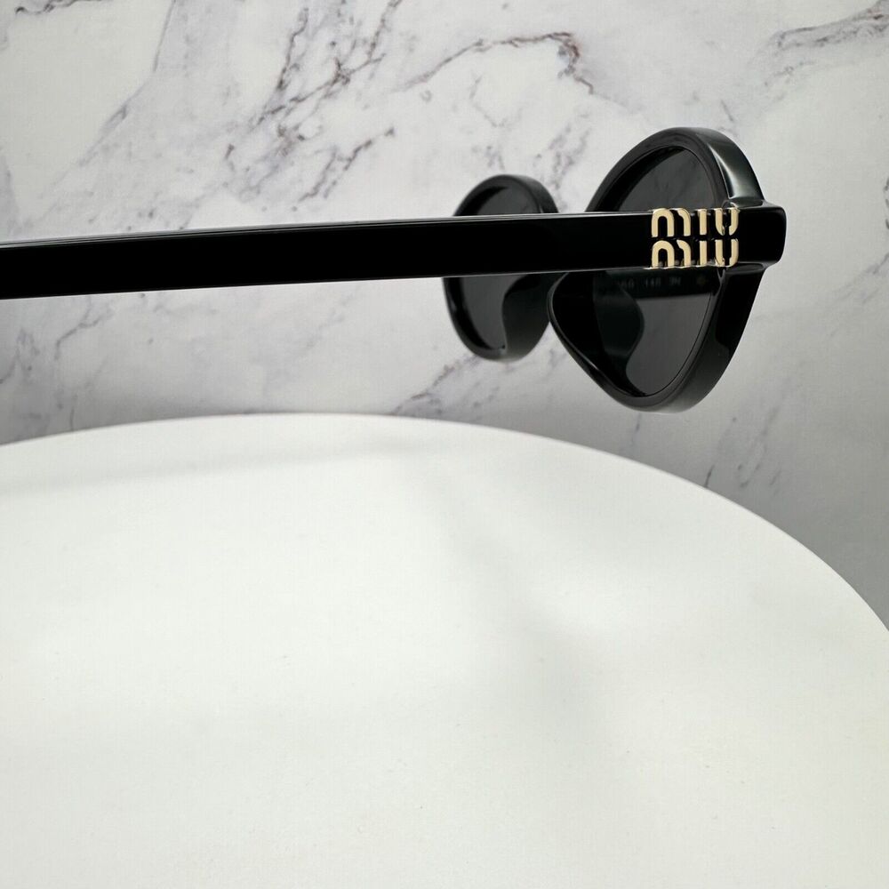 New MIU MIU Sunglasses Black Acetate Slim Round Gold Metal Logo Authentic Women - Picture 10 of 16